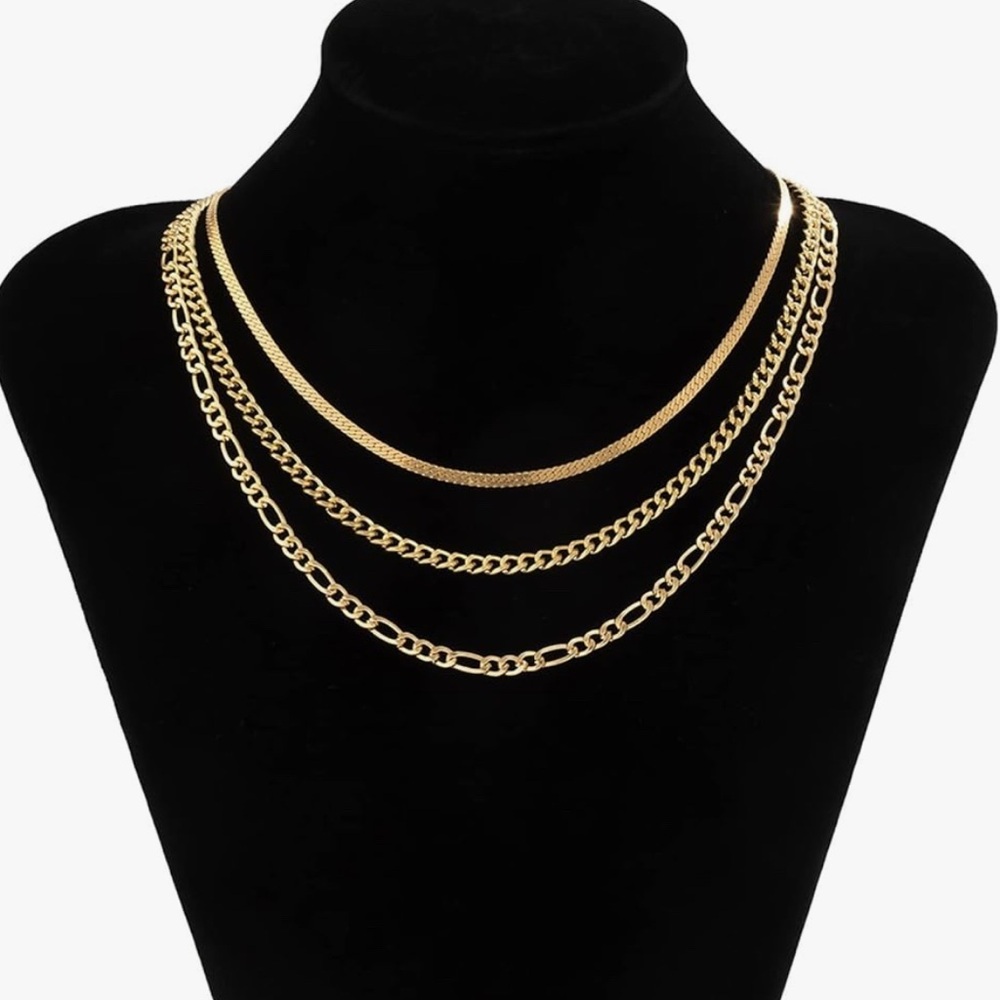 3-Layer Gold Chain Necklace Set – Snake, Curb, & Figaro Chains  NWT